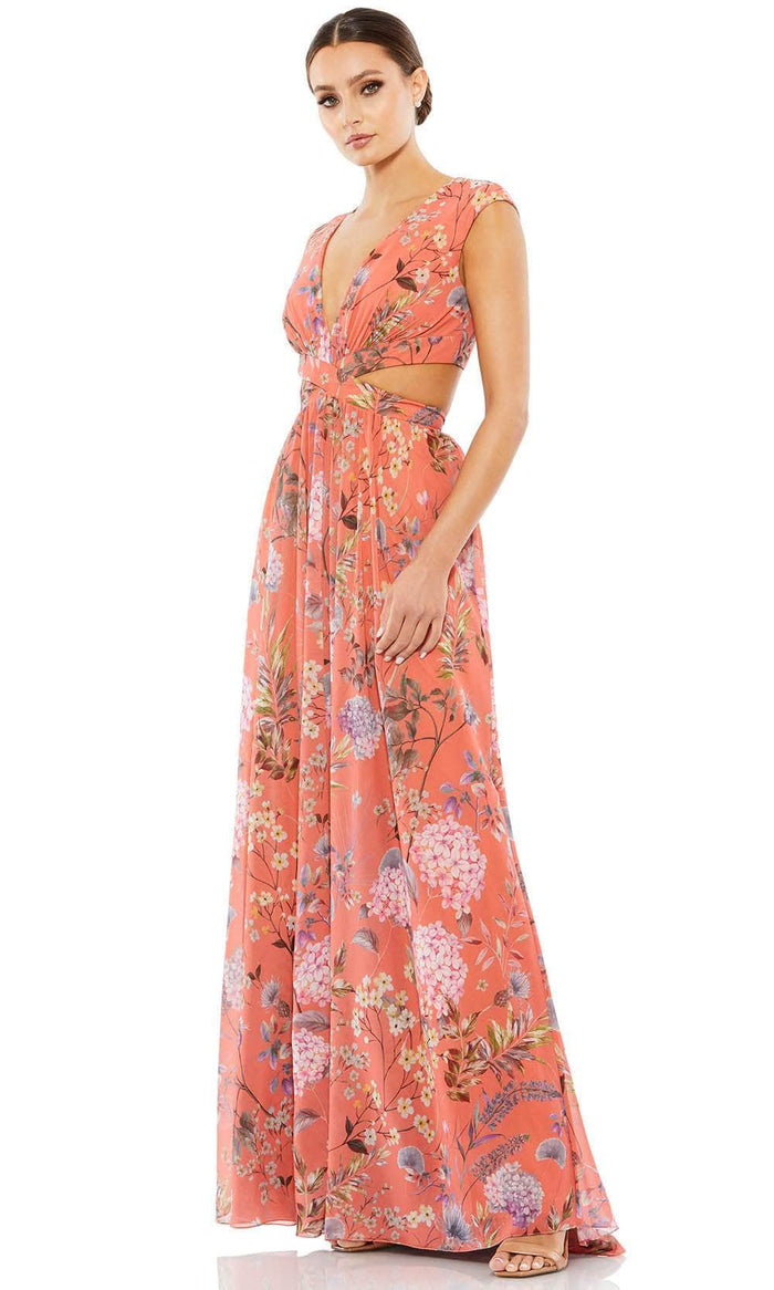 Ieena Duggal 9154 - Floral Print V-neck Long Dress Special Occasion Dress 0 / Coral