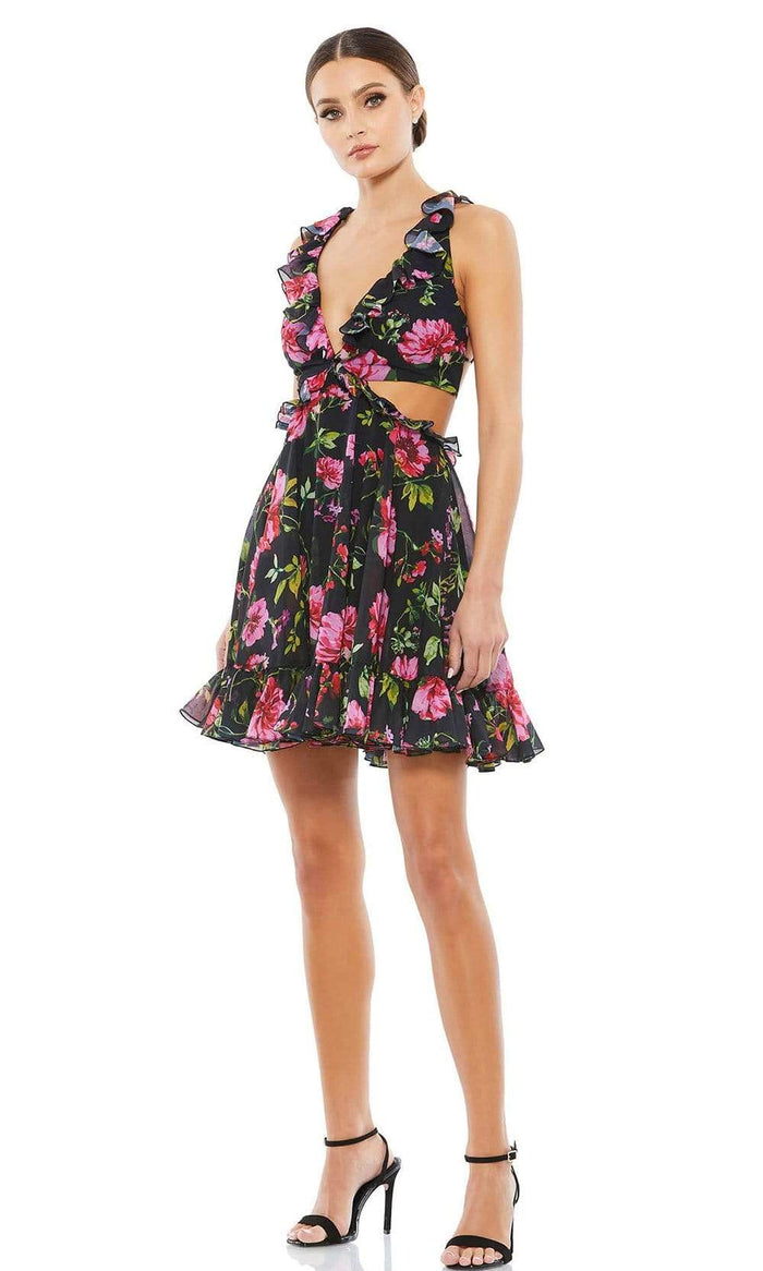 Ieena Duggal - 9155I Sexy Floral Open Back Dress Holiday Dresses 0 / Black Multi