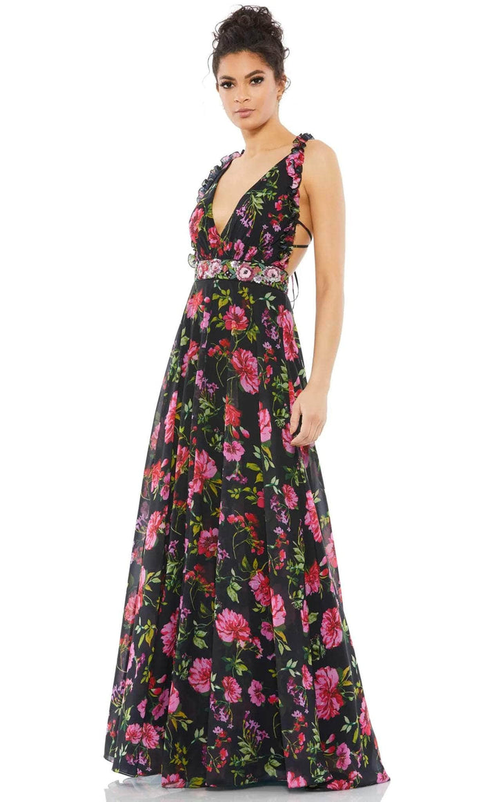 Ieena Duggal 9156 - Printed Floral A-line Flowy Gown Prom Dresses 0 / Black Multi