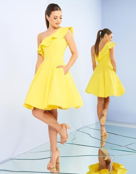 Ieena Duggal - One Shoulder Ruffled Neckline A-Line Dress 26099I - 1 Pc. Lemon in size 6 Available CCSALE 6 / Lemon