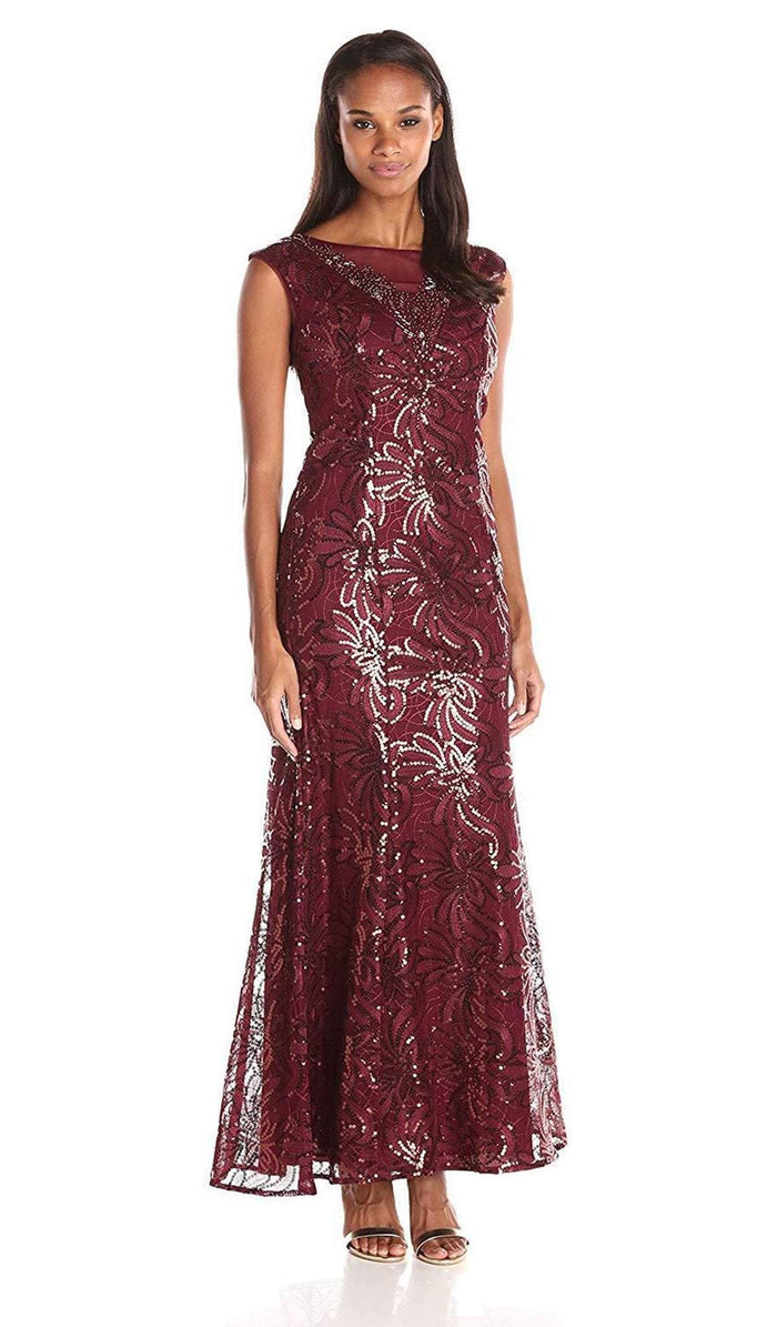 Ignite Evenings - 3399 Cap Sleeve Floral Sequined Mermaid Gown Special Occasion Dress 0 / Burgundy