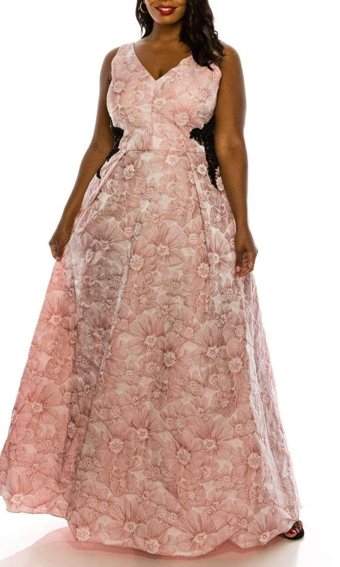 Ignite Evenings - IG181103 V Neck Floral A-line Dress Prom Dresses 0 / Black Pink