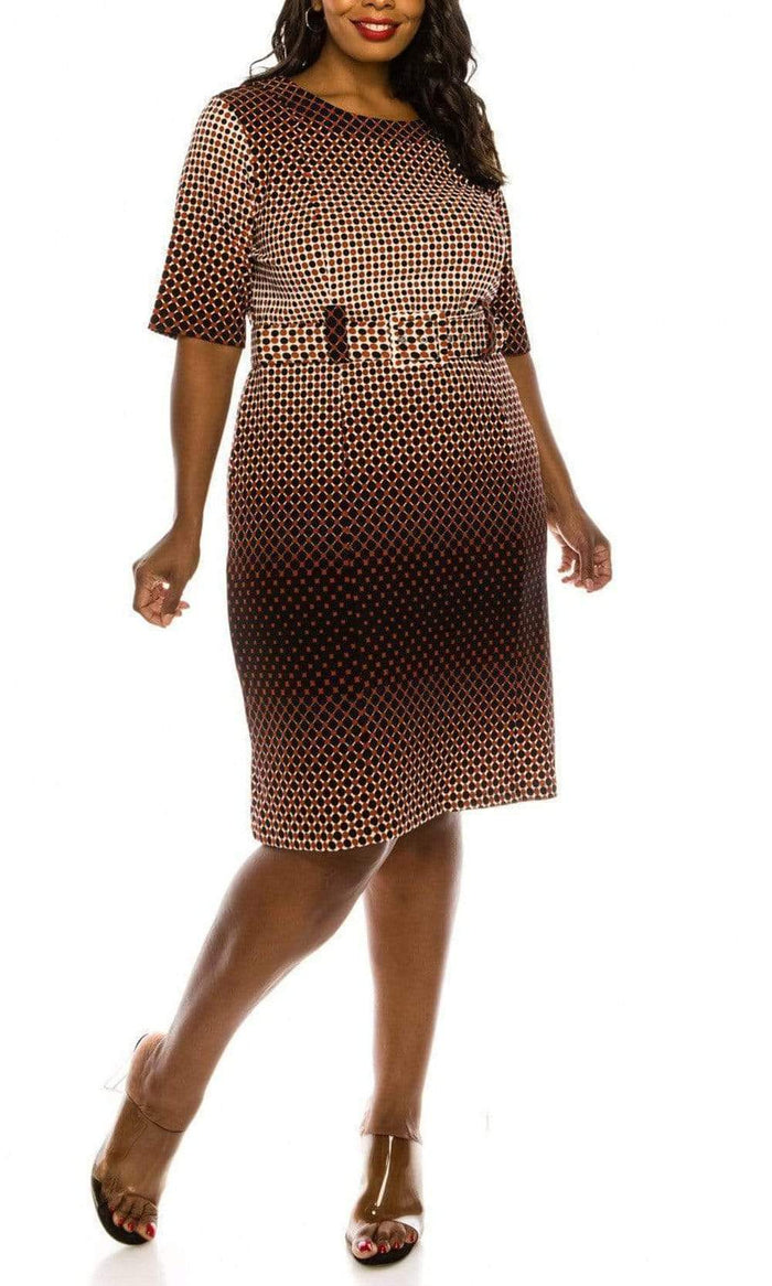 ILE Clothing - OTP259S1XL1 Polkadot Print Belted Sheath Dress Cocktail Dresses 0 / Black Rust