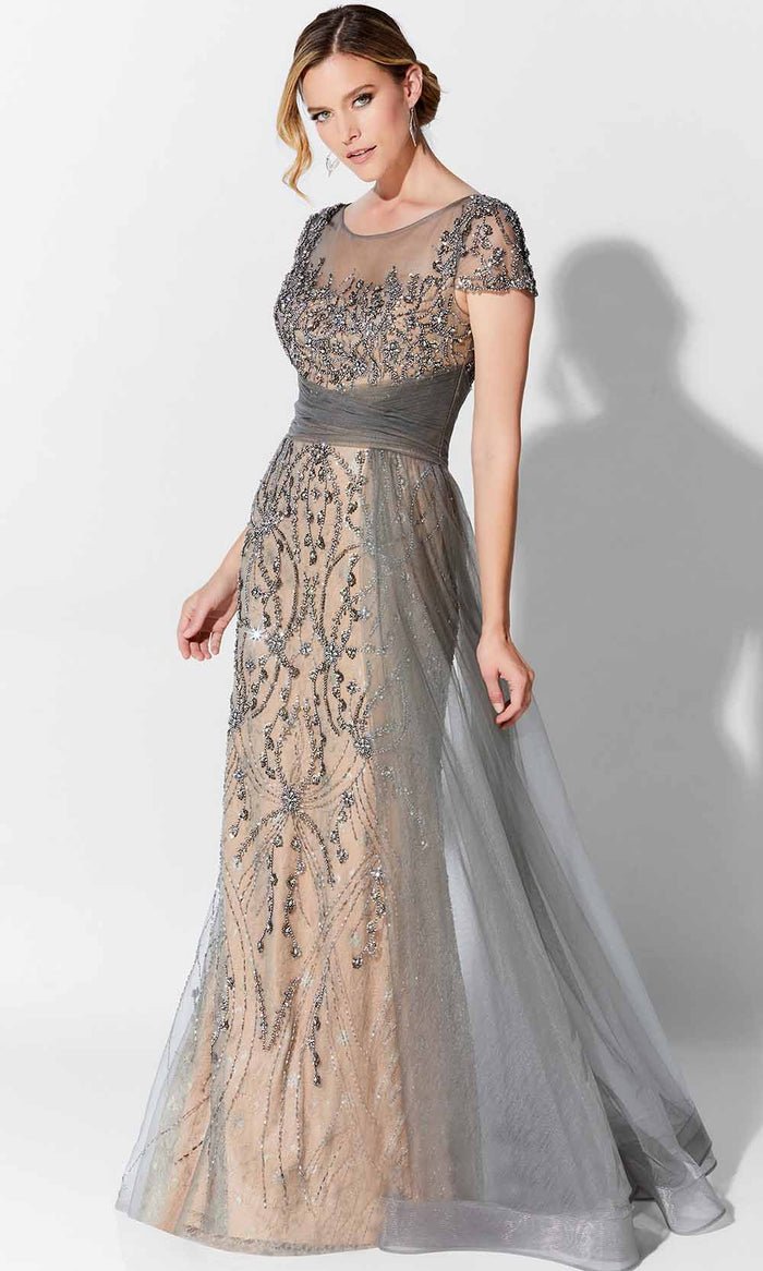 Ivonne D 122D62 - Beaded Tulle Overskirt Sheath Gown Mother of the Bride Dresses 4 / Charcoal/Nude