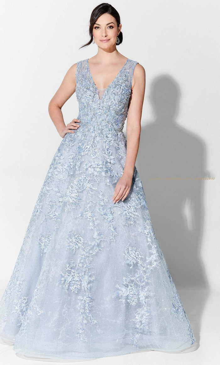 Ivonne D 122D67W - V Neck Embroidered Tulle Gown Evening Dresses 16W / Dusty Blue
