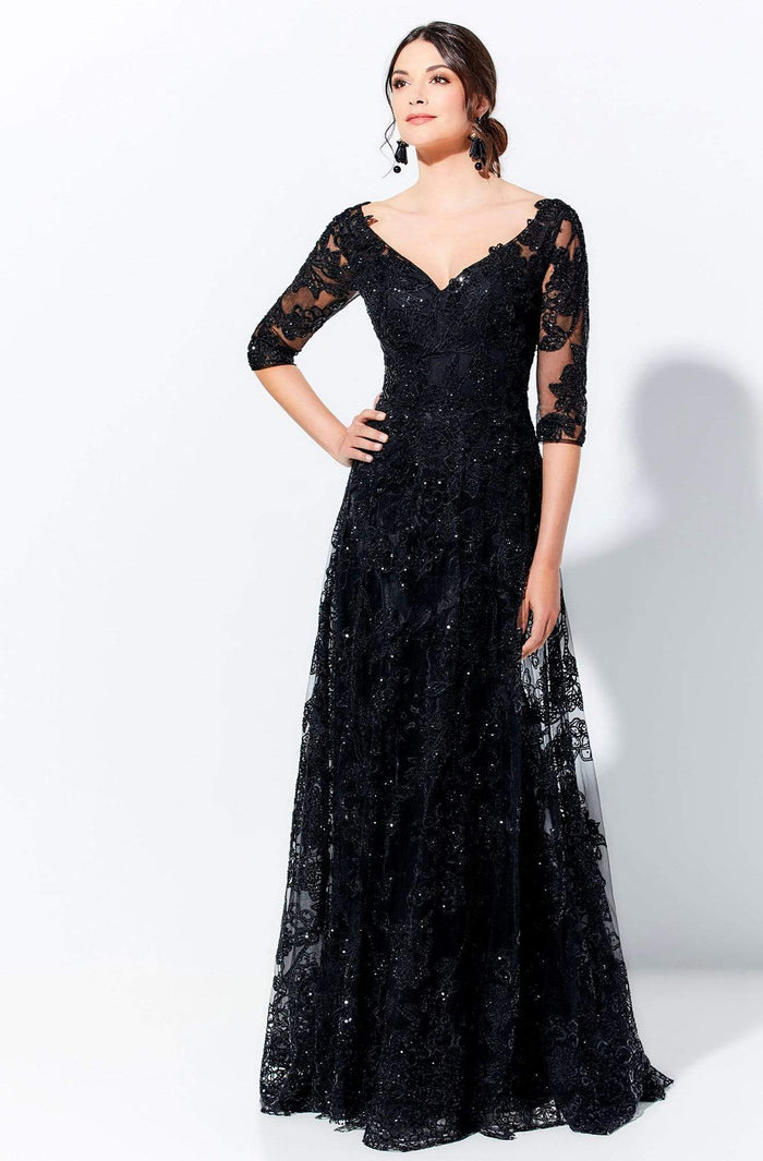 Ivonne D by Mon Cheri - 120D02W Elbow Length Embellished Long Dress Mother of the Bride Dresses 16W / Black