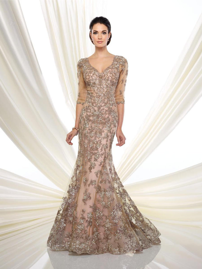 Ivonne D for Mon Cheri - 216D52W Beaded Lace Mermaid Gown Special Occasion Dress 16W / Taupe/Pink
