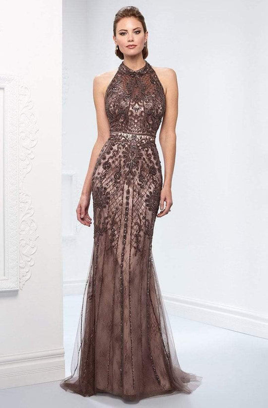 Ivonne D for Mon Cheri - 218D27 Beaded Lace Sheer Halter Fitted Dress