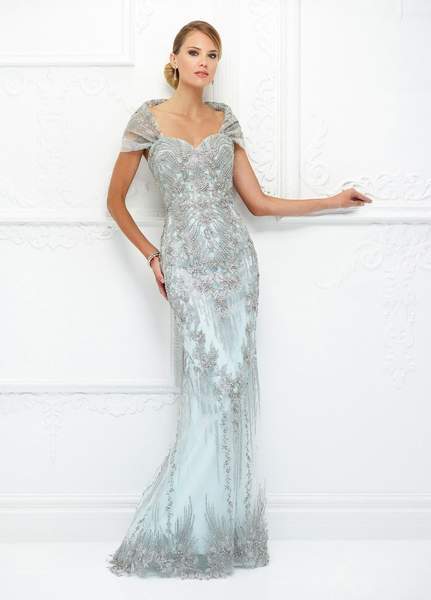 Ivonne D for Mon Cheri - Beaded Dress With Detachable Wrap 118D04 - 1 pc Ice/Water in Size 8 Available CCSALE 12 / Ice/Water