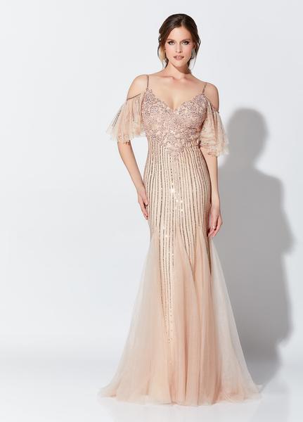 Ivonne D for Mon Cheri - Beaded V-Neck Cold Shoulder Evening Dress 119D46 - 1 pc Rosegold/Nude in Size 12 Available CCSALE 16 / Rosegold/Nude