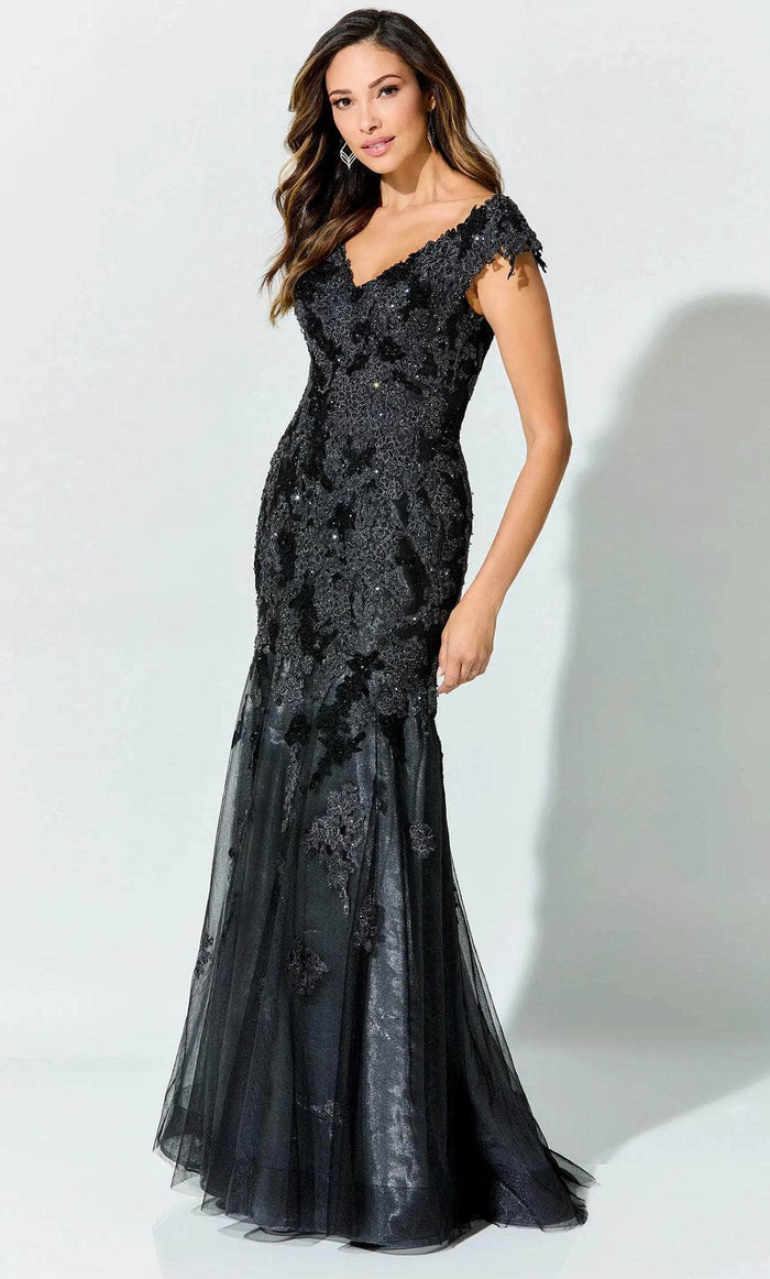 Ivonne D ID919 - Cap Sleeve Lace Prom Gown Evening Dresses 4 / Black/Pewter