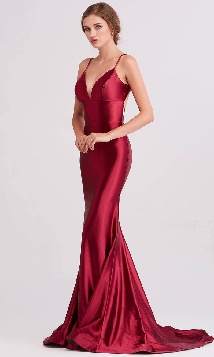 J'Adore Dresses J15032 - V-Neck Satin Mermaid Evening Gown Special Occasion Dress 2 / Maroon
