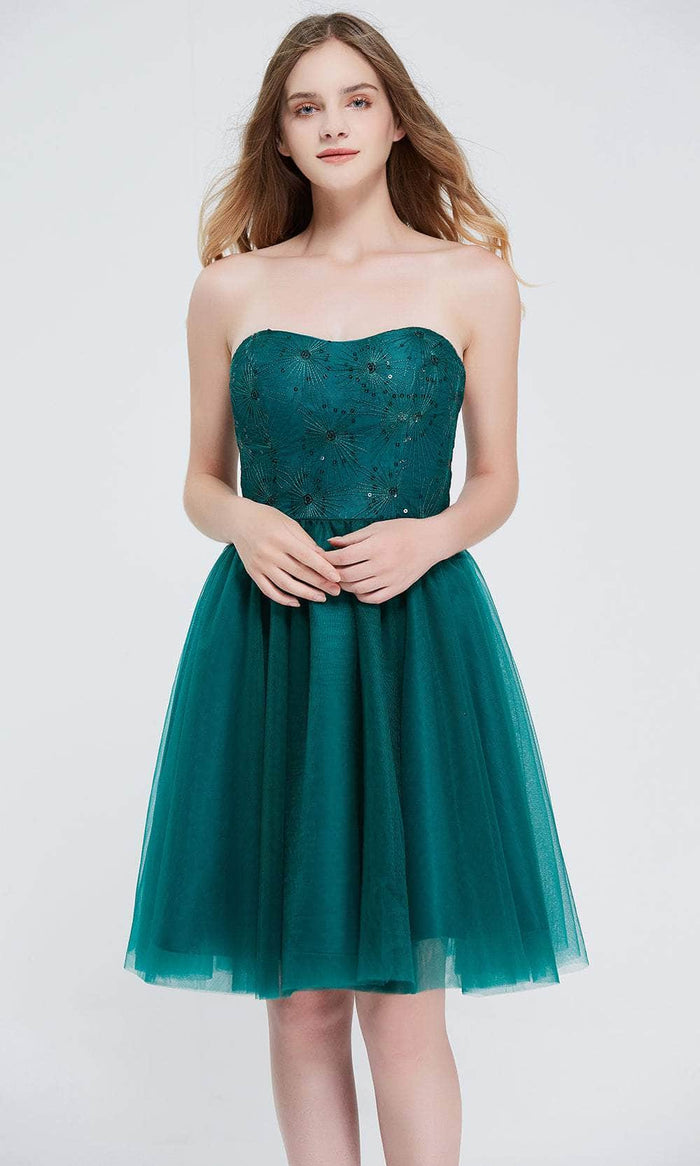 J'Adore Dresses J20086 - Sequined Lace Strapless Cocktail Dress Special Occasion Dress 2 / Emerald