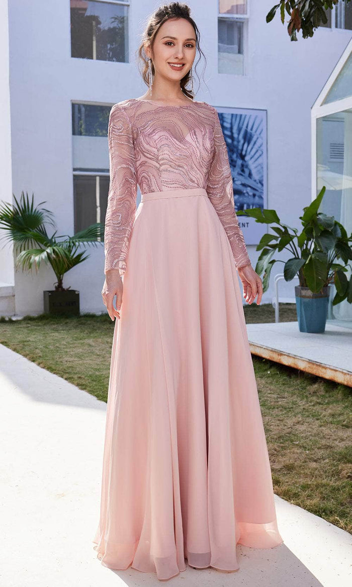 J'Adore Dresses J21005 - Long Sleeve A-Line Formal Gown Special Occasion Dress 2 / Dusty Pink