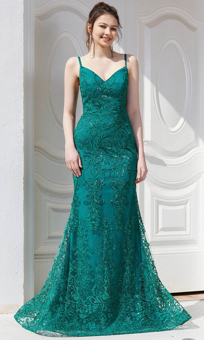 J'Adore Dresses J21026 - Laced Fitted Formal Gown Special Occasion Dress 2 / Emerald