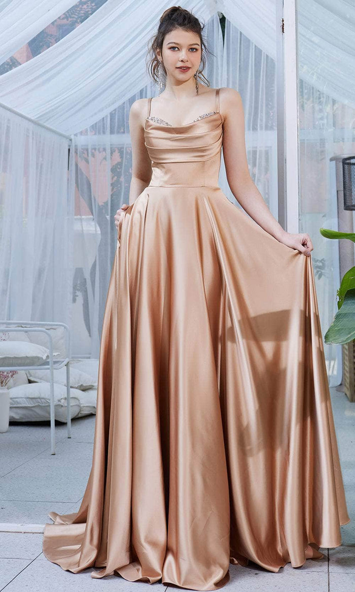 J'Adore Dresses J21030 - Satin Sleeveless A-Line Long Dress Special Occasion Dress 2 / Gold