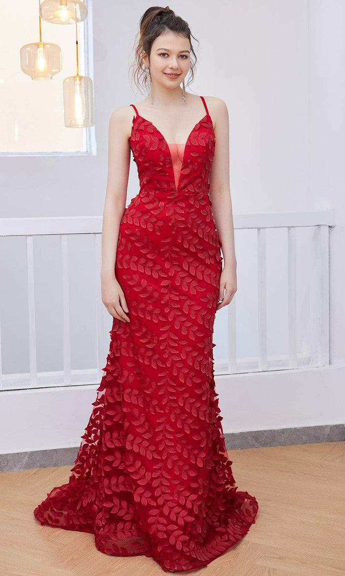 J'Adore Dresses J21037 - V-neck Leaf Applique Long Dress Special Occasion Dress 2 / Red