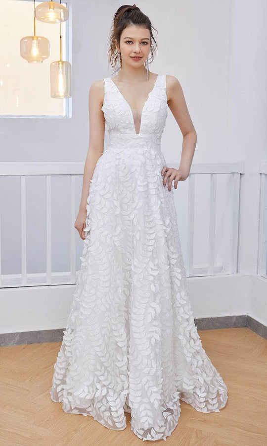 J'Adore Dresses J21038 - Sleeveless Leaf Applique Long Dress