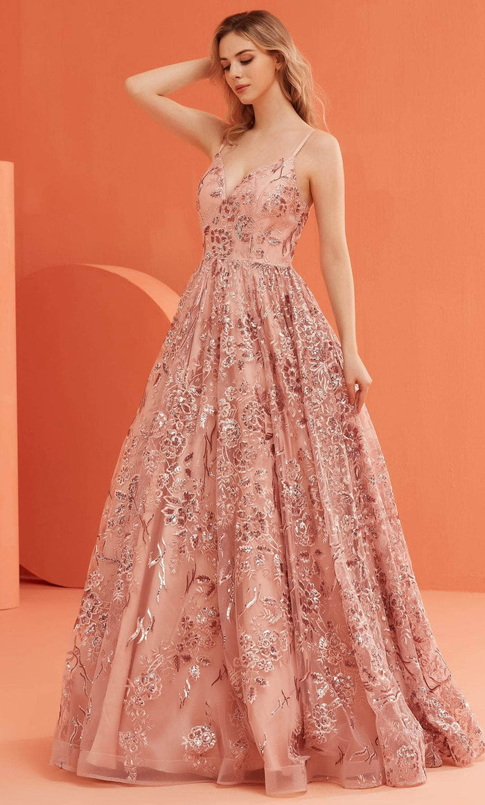 J'Adore Dresses J22047 - V-Neck Lace-Up Back Dress Special Occasion Dress 2 / Dusty Pink