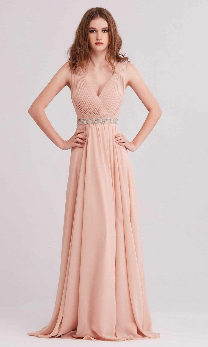 J'Adore - J15002 Pleated V Neck Beaded Chiffon A-line Gown Evening Dresses 2 / Rose
