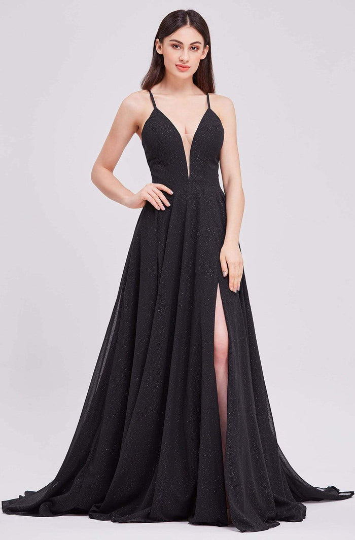 J'Adore - J16024 Sexy V-Neck Stone Accent A-Line Dress Prom Dresses 2 / Black