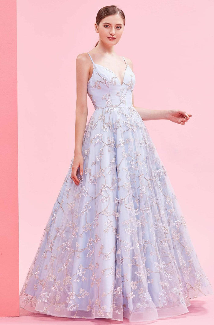 J'Adore - J16025 Sleeveless V-Neck Floral Lace Ballgown Prom Dresses 2 / Blue