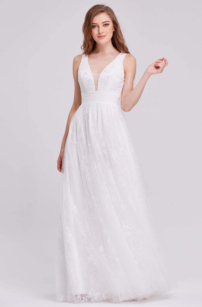 J'Adore - j16027 Plunging V-Neck Lace A-Line Dress Wedding Dresses 2 / Ivory