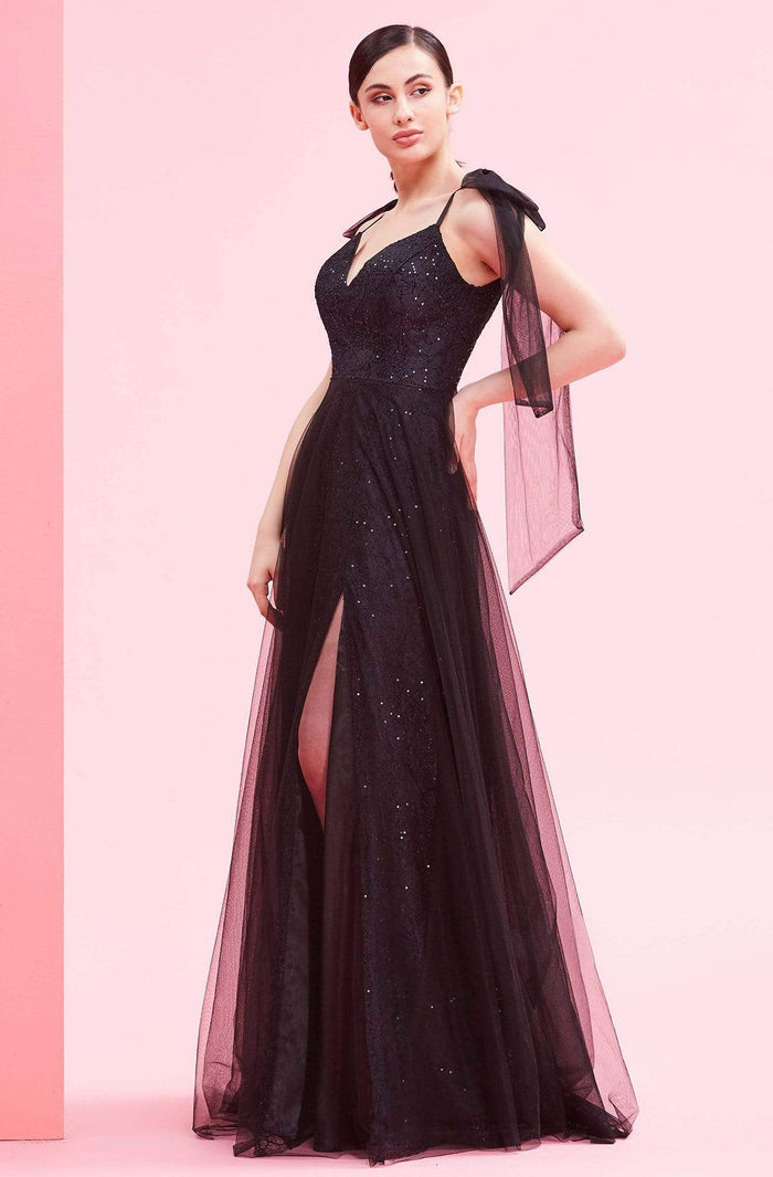J'Adore - J16035 Lace Tulle V-neck A-line Gown Prom Dresses 2 / Black