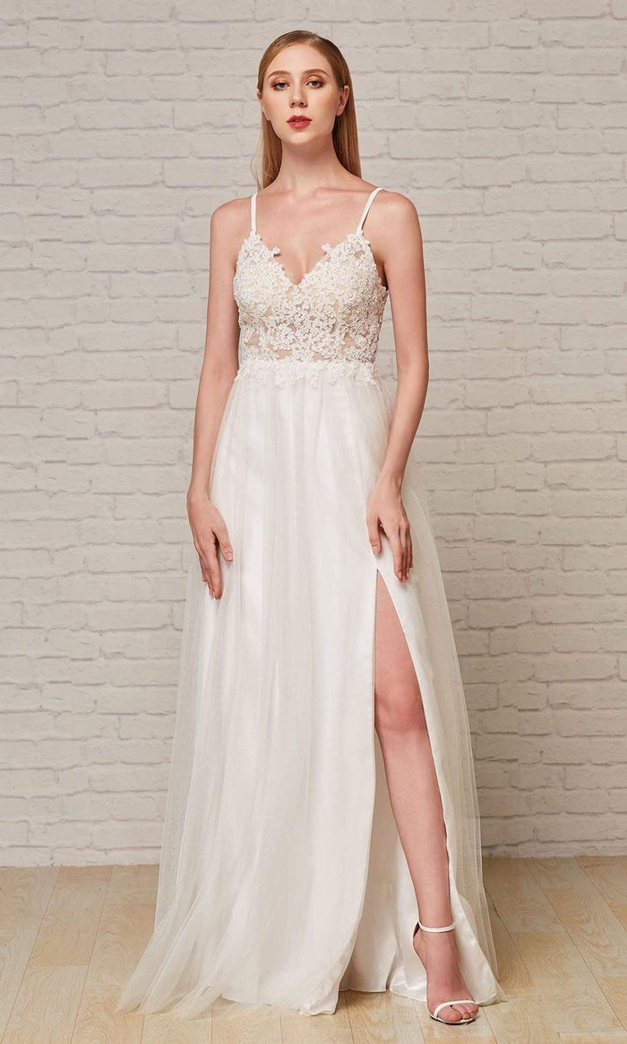 J'Adore - J18008 Lace Tulle V Neck A-line Gown Special Occasion Dress 2 / Ivory