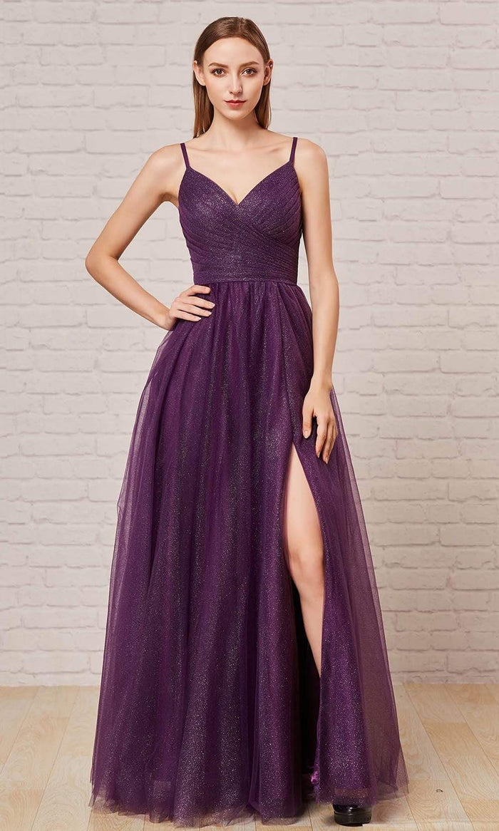 J'Adore - J18021 Pleat-Detailed Glitter Tulle Gown Special Occasion Dress 2 / Purple