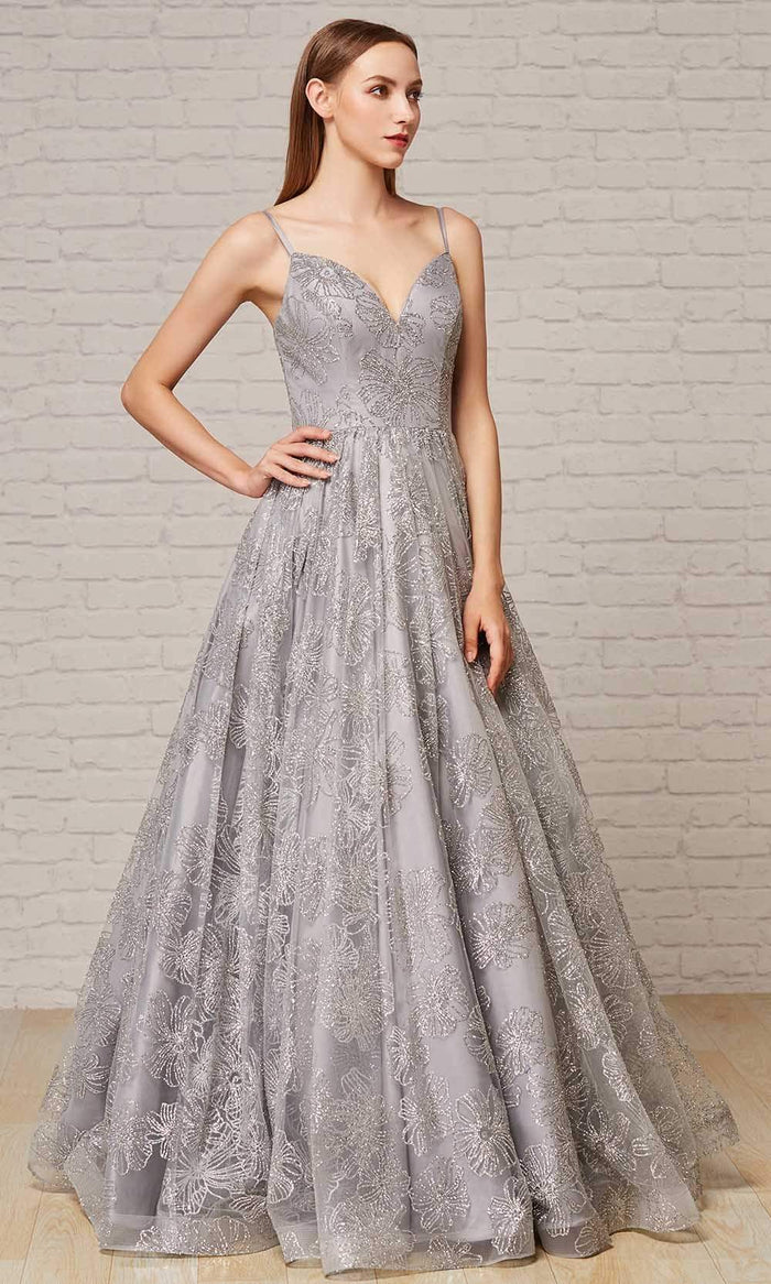 J'Adore - J18022 Floral Glitter Print A-Line Gown Prom Dresses 2 / Gunmetal