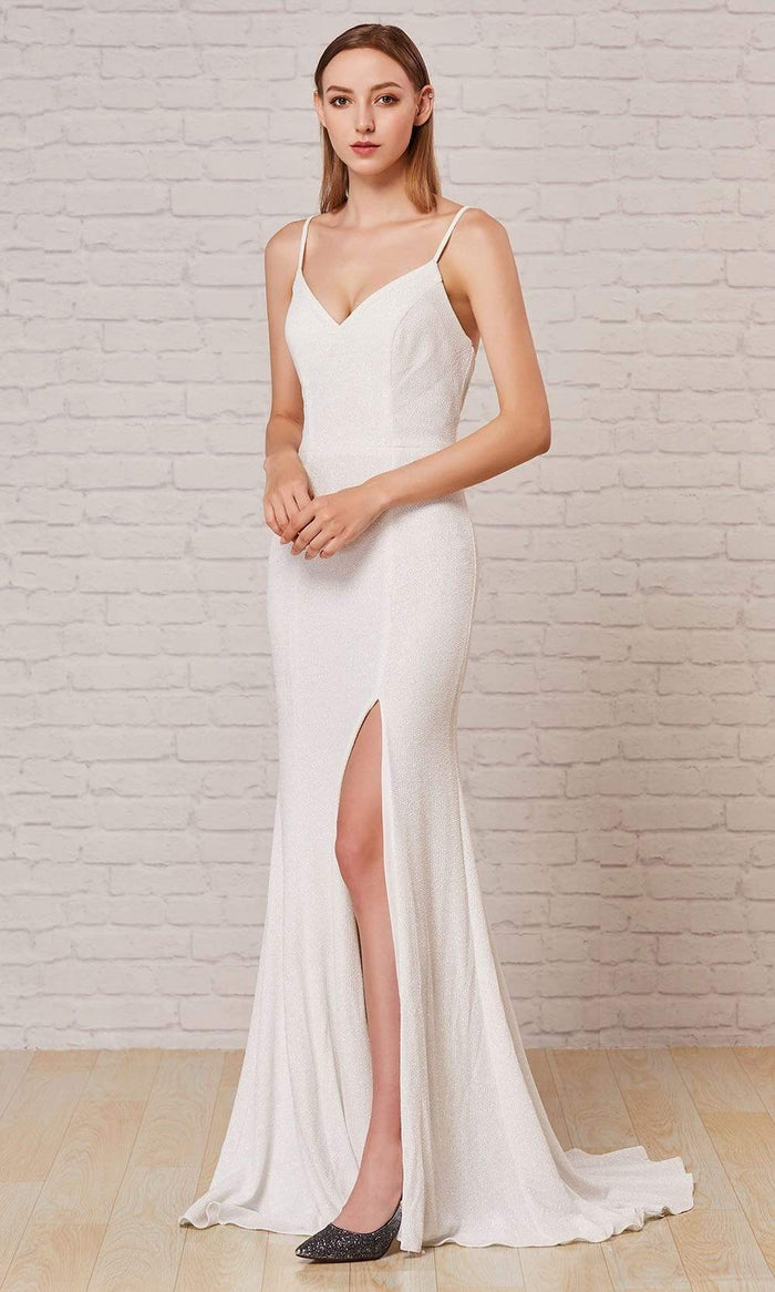 J'Adore - J18033 Spaghetti Strap Glitter High Slit Gown Special Occasion Dress 2 / Ivory