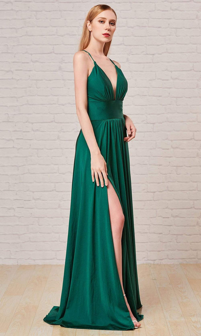 J'Adore - J18042 Plunging V-Neck Empire High Slit Gown Special Occasion Dress 2 / Emerald