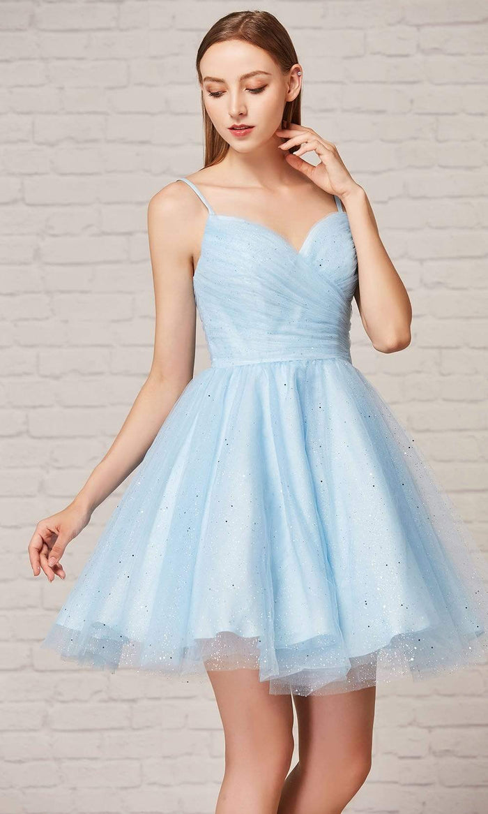 J'Adore - J18086 Glitter V Neck A-Line Short Dress Special Occasion Dress 2 / Sky