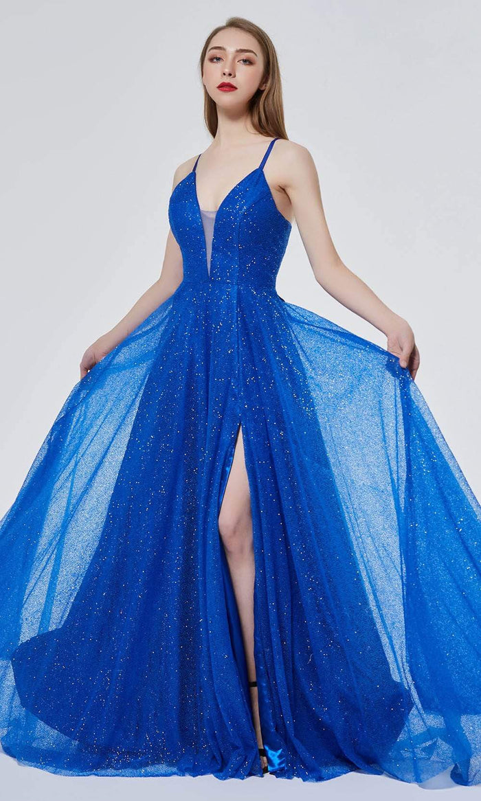 J'Adore - J19001 Glitter-Embellished Slit A-line Gown Special Occasion Dress 2 / Cobalt
