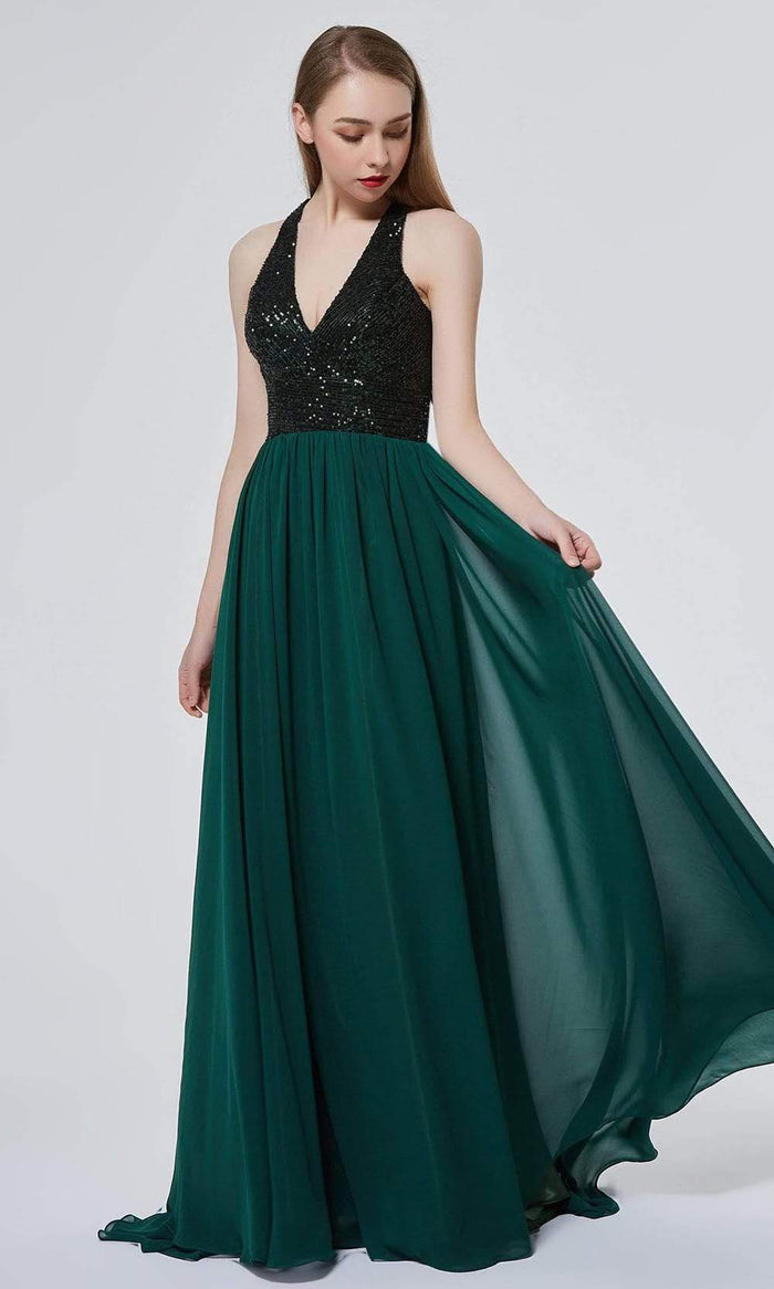 J'Adore - J19002 Sequined Bod Flowy A-line Gown Evening Dresses 2 / Emerald