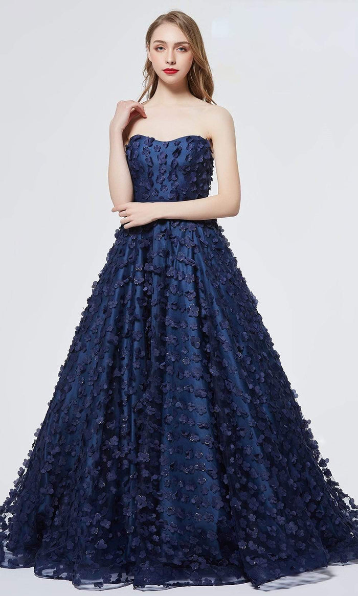 J'Adore - J19005 Strapless Floral Appliqued Long Gown Prom Dresses 2 / Navy