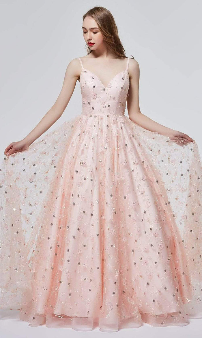 J'Adore - J19006 Floral Accented Softy A-line Gown Special Occasion Dress 2 / Blush Pink