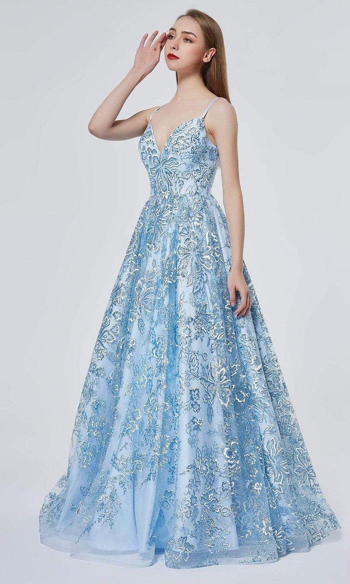 J'Adore - J19016 Floral Glittered A-line Dress Evening Dresses 2 / Blue