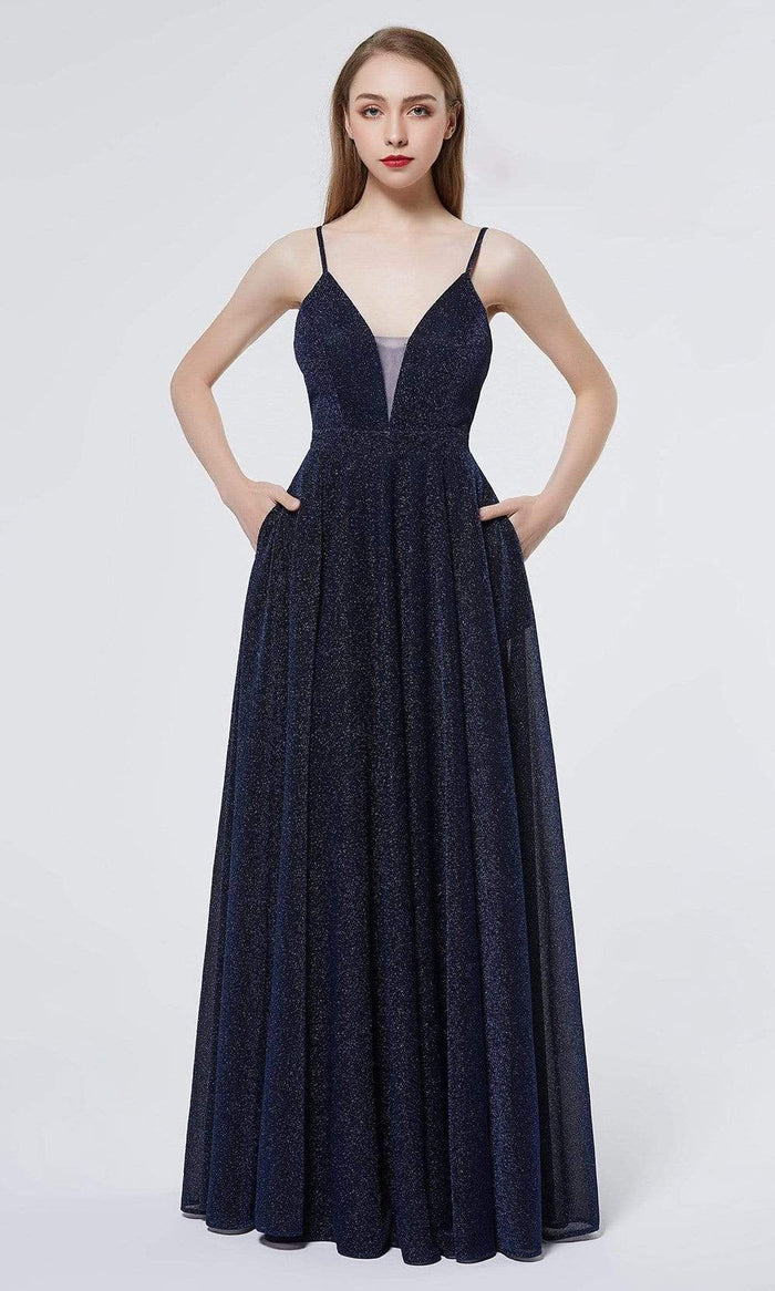J'Adore - J19022 V Neck Glittered A-line Gown Evening Dresses 2 / Midnight