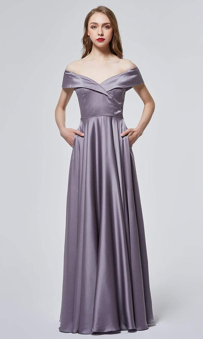 J'Adore - J19024 Off Shoulder Minimalist Flowy Dress Prom Dresses 2 / Iron