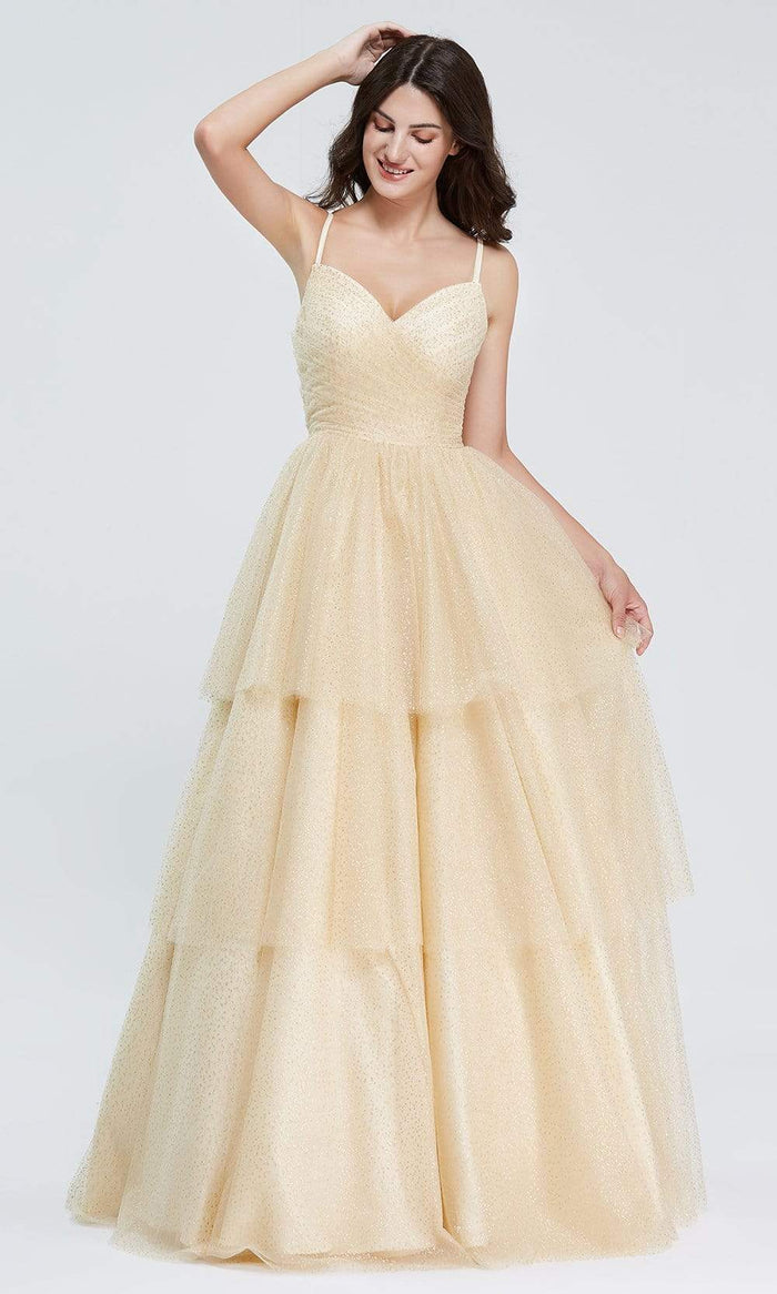 J'Adore - J20003 V-Neck Sparkle Tulle Ballgown Special Occasion Dress 2 / Champagne