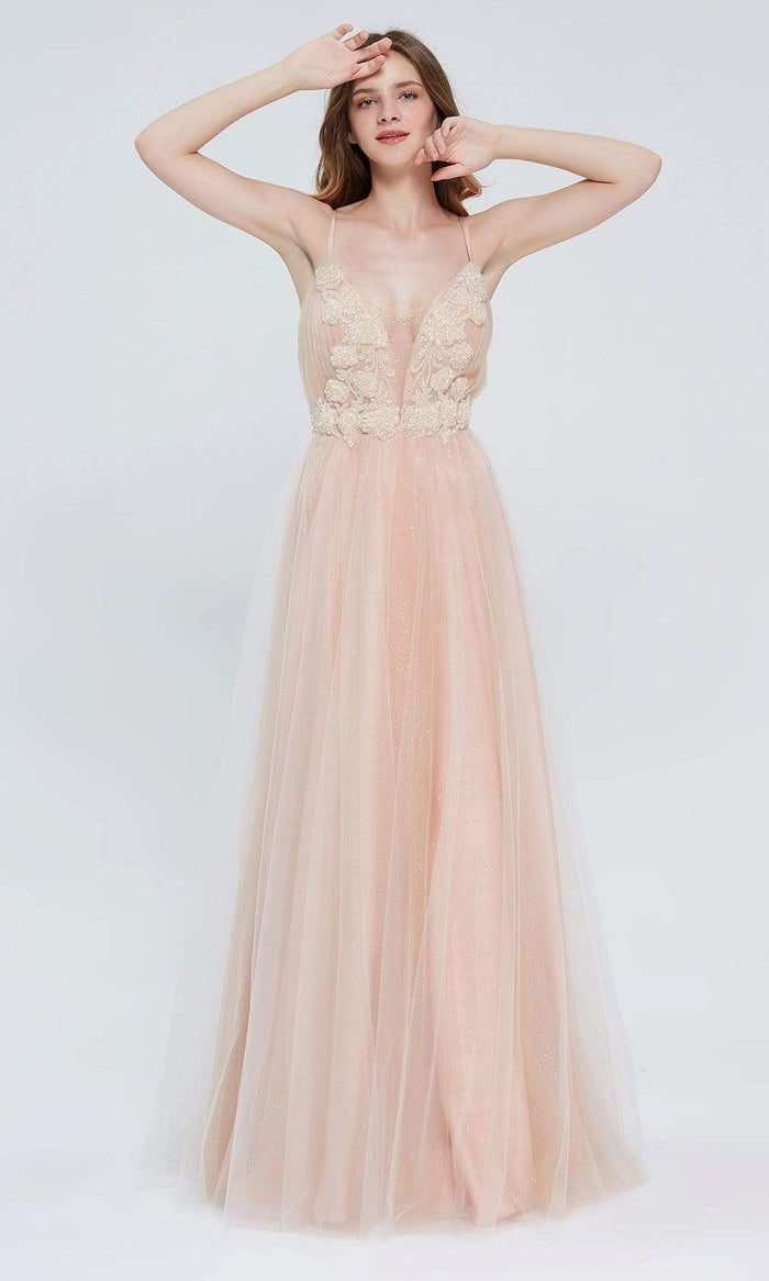 J'Adore - J20008 Plunging V-Neck Glitter Ballgown Special Occasion Dress 2 / Pearl Nude