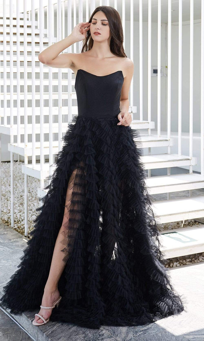 J'Adore - J20009 Strapless Ruffled Tulle Ballgown Special Occasion Dress 2 / Black