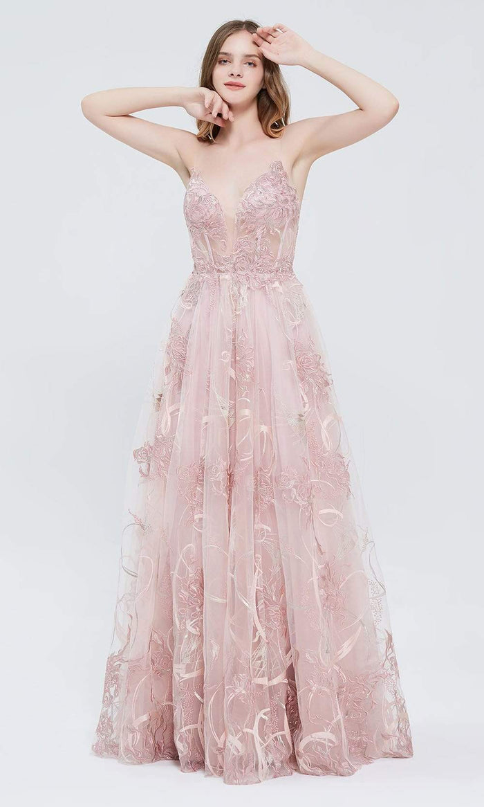 J'Adore - J20011 Embroidery-Detailed Long A-line Dress Special Occasion Dress 2 / Pink