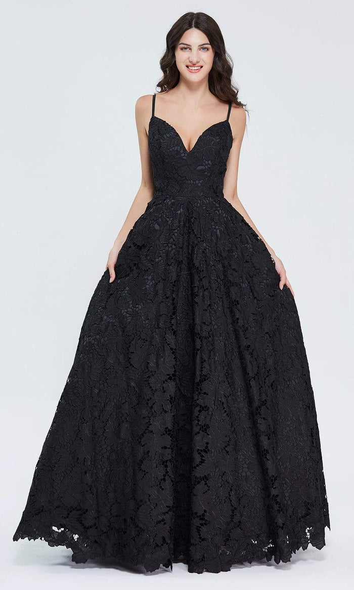 J'Adore - J20020 Deep V-Neck Embroidered Dress Special Occasion Dress 2 / Black