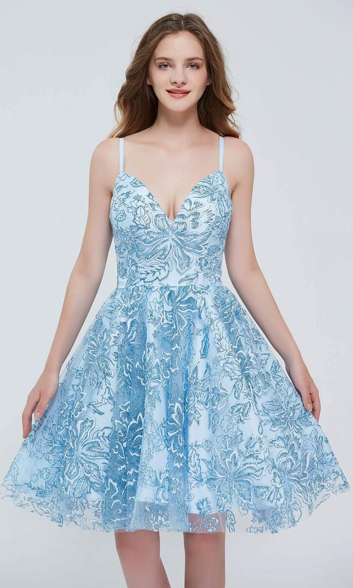 J'Adore - J20075 Floral Glittery A-line Dress Special Occasion Dress 2 / Blue