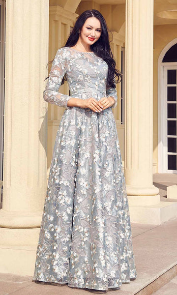 J'Adore Dresses - JM009 Floral Long Sleeves A-Line Dress Couture Candy J'Adore Dresses - JM009 Floral Long Sleeves A-Line Dress Couture Candy