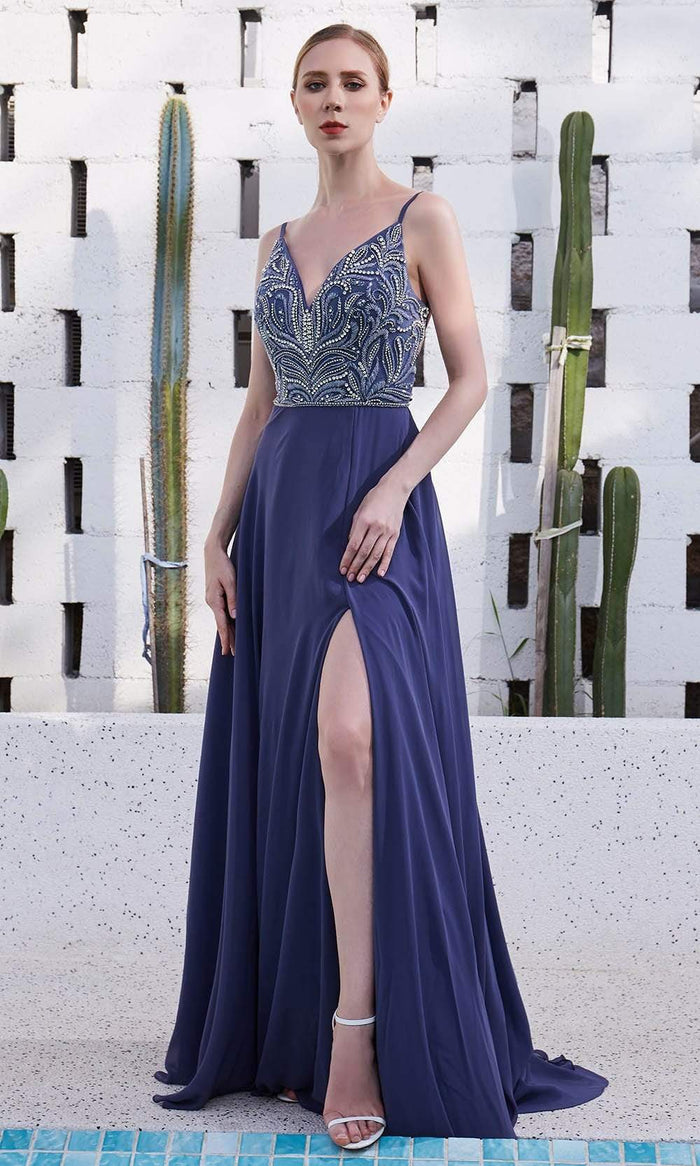 J'Adore - JM103 V-Neck Crystal Beaded Bodice Chiffon A-Line Gown In Blue