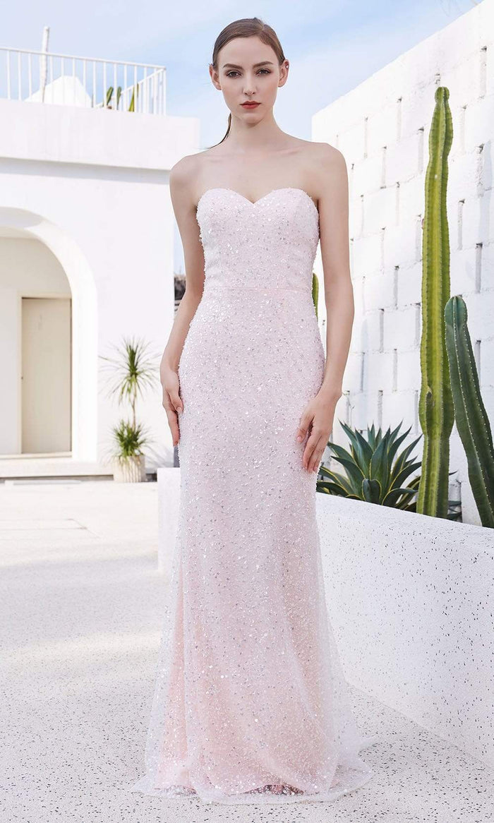 J'Adore - JM106 Strapless Sweetheart Glass Beaded Gown Special Occasion Dress 2 / Pearl Pink